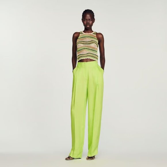 Sandro Neon Lime Green Pants w/ Defect Viscose Linen Wide Leg Trouser Pleated - Picture 1 of 9